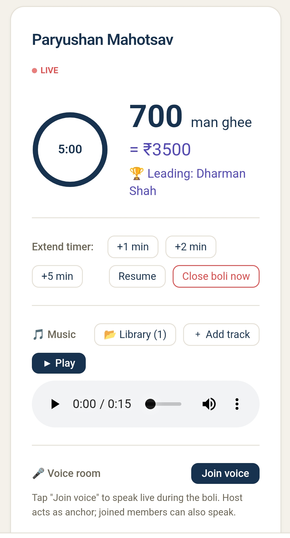 Live Boli auction screen with countdown timer