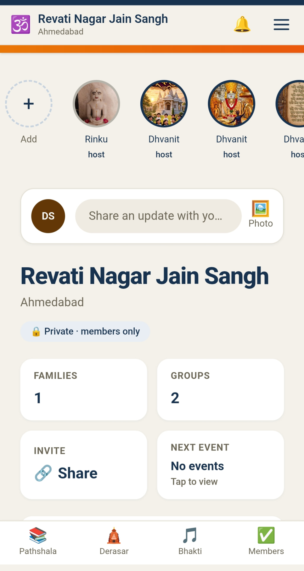 SanghConnect home page with Sangh updates, statuses and quick stats